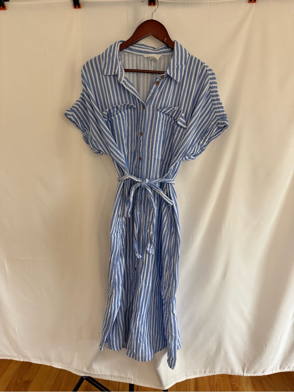 Maternity Blue and White Striped Shirt Dress with Tie Waist